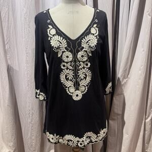 Heavily Embroidered Stretch Puma Cotton Caftan Tunic L